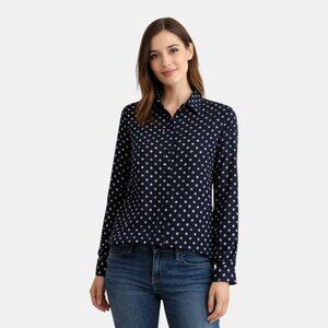 UNIQLO NAVY POLKA DOT BUTTON DOWN BLOUSE LONG SLEEVE SHIRT NWOT SIZE S